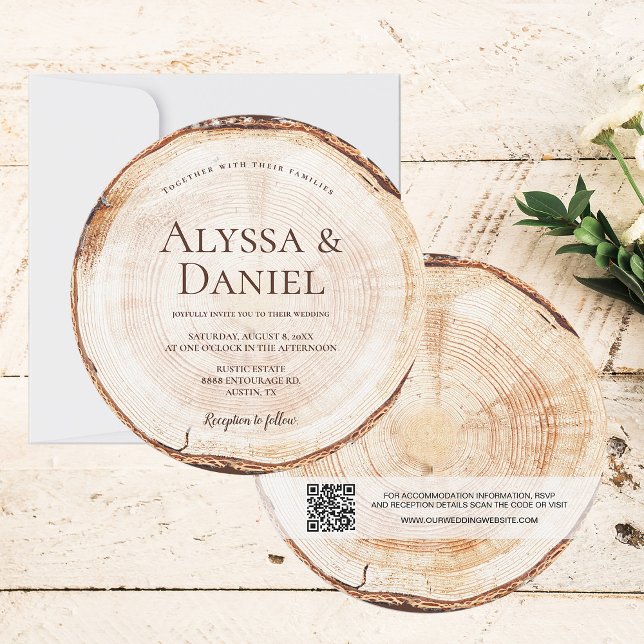 Convite Código QR da Madeira Cortada Detalhes do Casamento (Unique round rustic wedding invitation with wood grain tree ring and instantly generated QR code.)