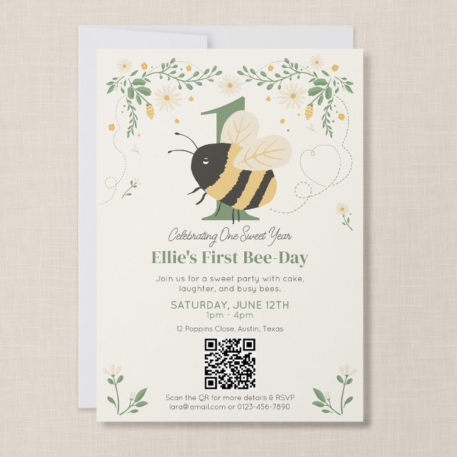 Convite Código QR da Primeira Festa de Aniversário da Abel (Wildflower Flight - First Bee Day Invitation with QR Code)