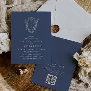 Convite Código QR DAPHNE Casamento Simples Azul Escuro Azu