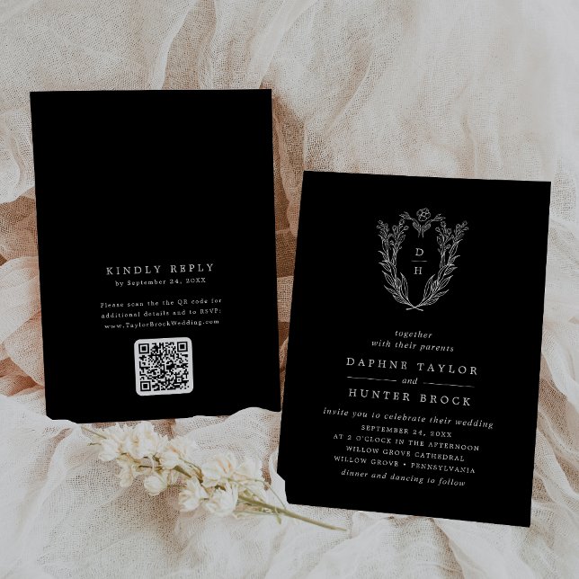 Convite Código QR DAPHNE Casamento Simples Preto Preto Esc (DAPHNE QR Code Floral Dark Black Simple Wedding Invitation)