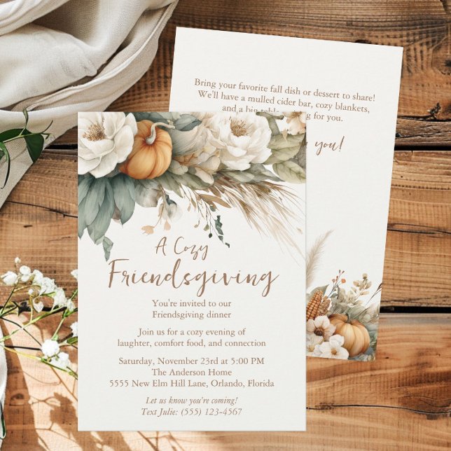 Convite Código QR de Abóboras Florais Boho Neutras para o  (Boho neutral floral, greenery, and pumpkins Friendsgiving invitation)
