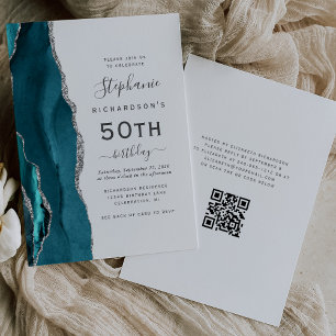 Convite Código QR de Ágata Azul Teal Prateado para Anivers