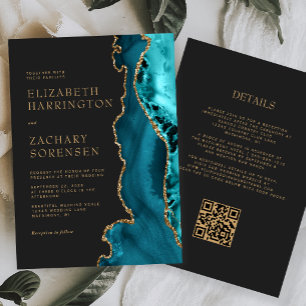Convite Código QR de Ágata Dourada Azul Turquesa Casamento
