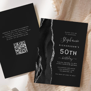 Convite Código QR de Ágata Prata Preto para 50º Aniversári