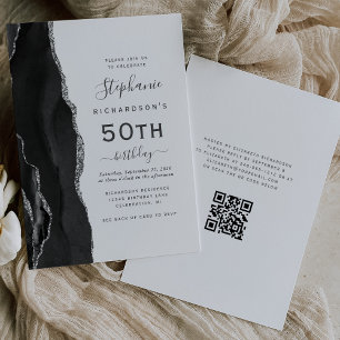 Convite Código QR de Ágata Prata Preto para 50º Aniversári