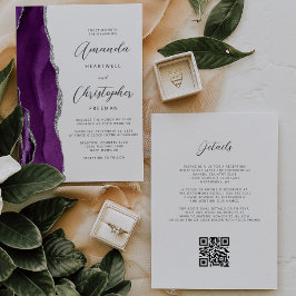 Convite Código QR de Ágata Prata Roxa Casamento