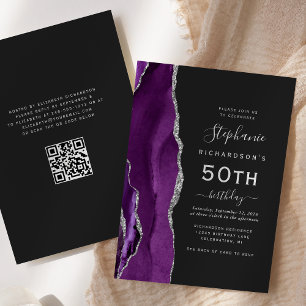 Convite Código QR de Ágata Prata Roxa para Aniversário de 