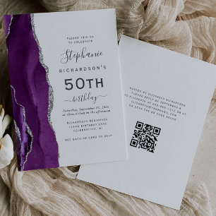 Convite Código QR de Ágata Prata Roxa para Aniversário de