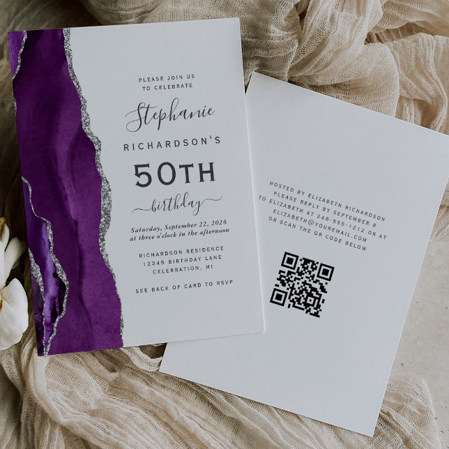 Convite Código QR de Ágata Prata Roxa para Aniversário de  (Criador carregado)