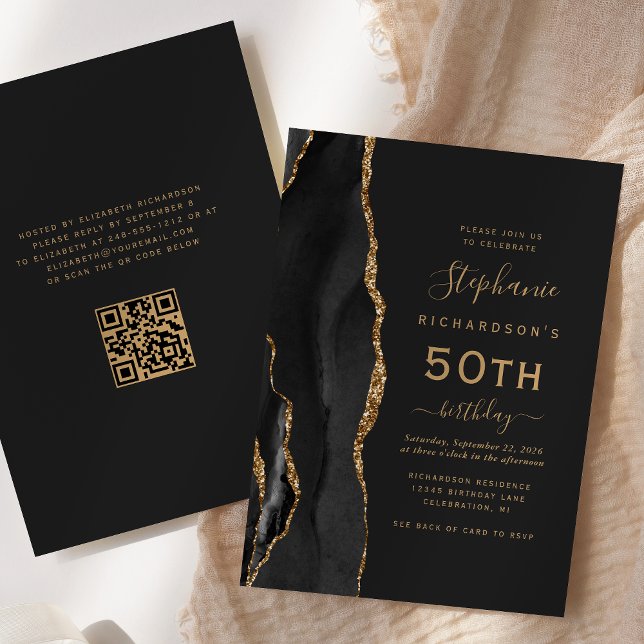 Convite Código QR de Agate Dourado Preto - 50º Aniversário (Criador carregado)