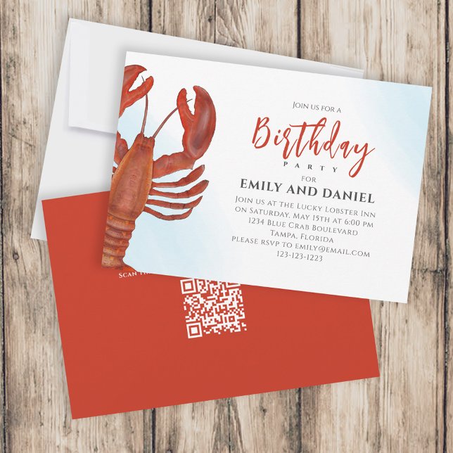 Convite Código QR de aniversário simples aquarela Red Lobs (Criador carregado)