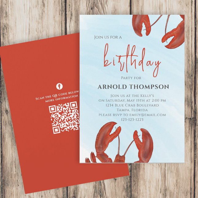 Convite Código QR de aniversário simples aquarela Red Lobs (Criador carregado)