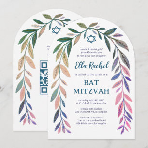 Convite Código QR de Aquarela Botânica para Bar/Bat Mitzva