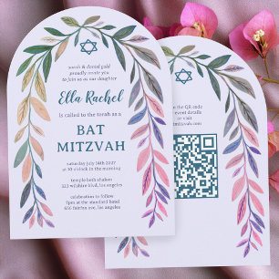 Convite Código QR de Aquarela Botânica para Bar/Bat Mitzva