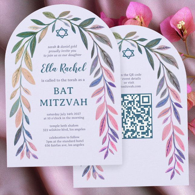 Convite Código QR de Aquarela Botânica para Bar/Bat Mitzva (Botanical Watercolor QR Code Bar Bat Mitzvah Arch Invitation
)