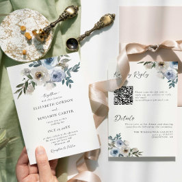 Convite Código QR de Aquarela Elegante Floral Azul para Ca