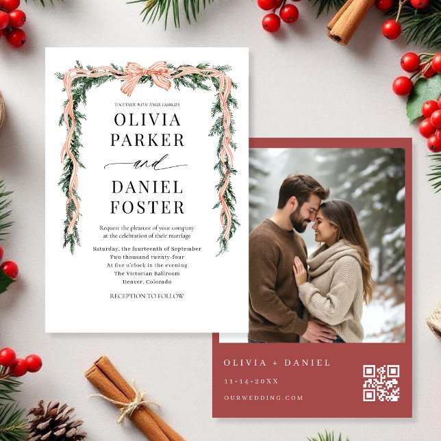 Convite Código QR de Aquarela Foto Laço Verde de Natal (Criador carregado)