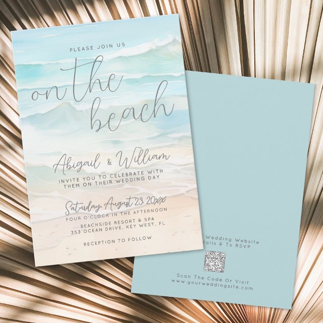 Convite Código QR de Aquarela no Casamento na Praia (Watercolor QR Code On The Beach Wedding Invitation)