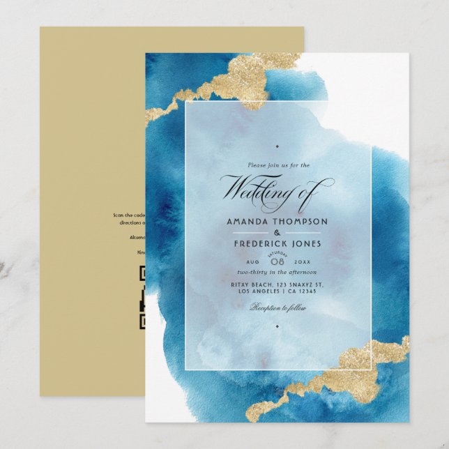 Convite Código QR de aquarela RSVP Casamento na Praia (Frente/Verso)