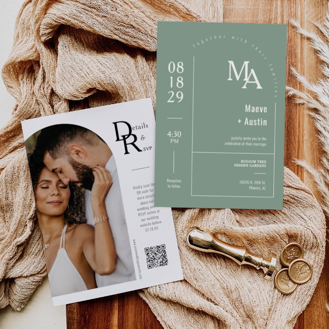 Convite Código QR de Arch Mínimo de Arco Boho Verde Sage S (Criador carregado)
