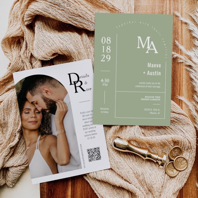 Convite Código QR de Arch Mínimo Moderno Verde Dusty Simpl (Criador carregado)