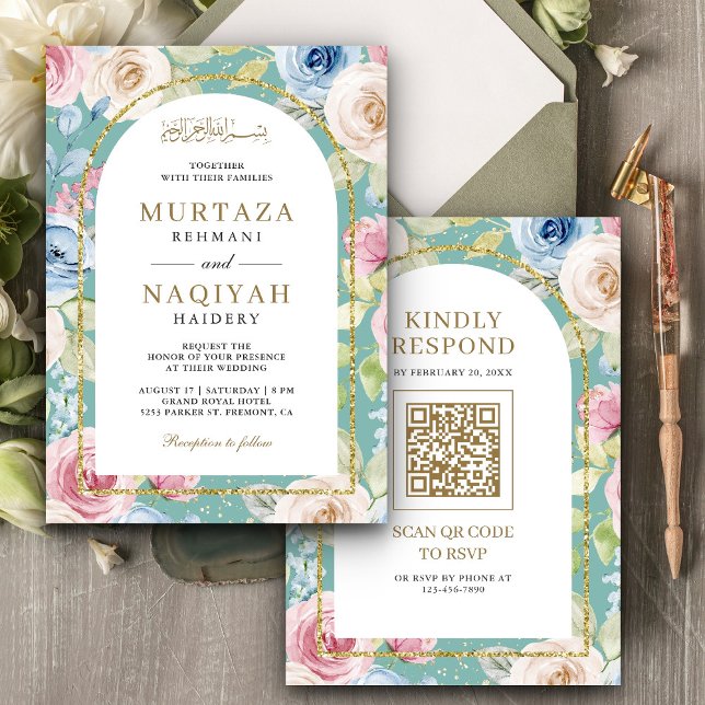 Convite Código QR de Arco Dourado Floral Suave Casamento M (Criador carregado)