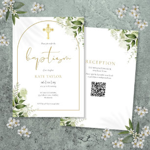 Convite Código QR de Batismo Floral Verde com Arco de Ouro