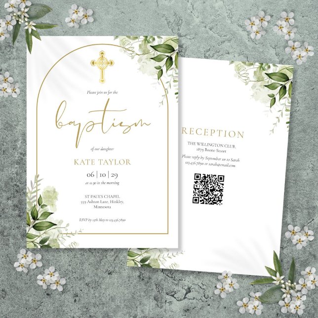 Convite Código QR de Batismo Floral Verde com Arco de Ouro (Elegant Gold Arch Greenery Floral Baptism QR Code Invitation)