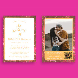 Convite Código QR de Bola de Disco Foto Casamento Laranja
