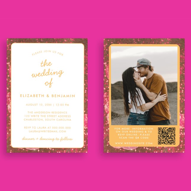 Convite Código QR de Bola de Disco Foto Casamento Laranja  (Front and Back)