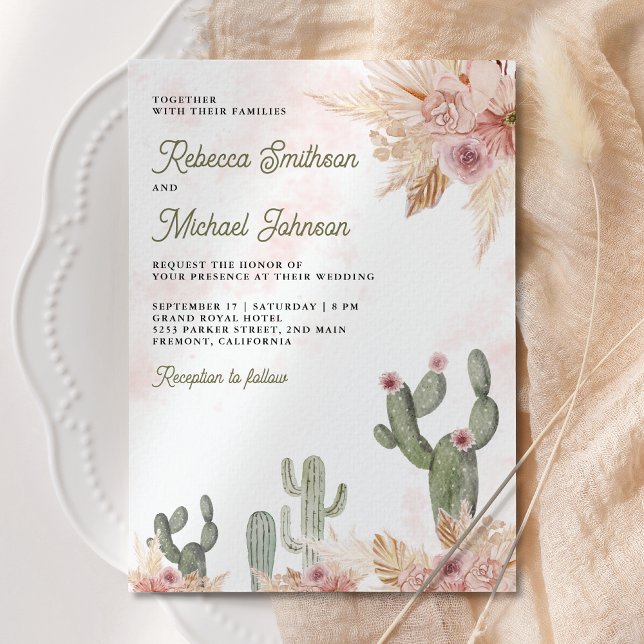 Convite Código QR de Cactus Pampas Floral Rosa Casamento F (Criador carregado)