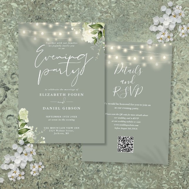 Convite Código QR de casamento à noite com folhagem de sag (Sage Greenery QR Code Wedding Evening Party Invitation)