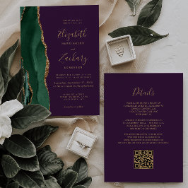 Convite Código QR de Casamento Ágata Dourada Esmeralda Ver