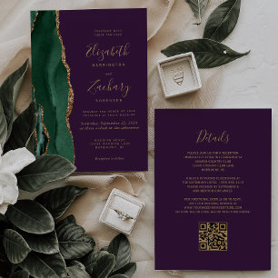 Convite Código QR de Casamento Ágata Dourada Esmeralda Ver