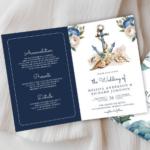 Convite Código QR de casamento âncora floral azul naval aq