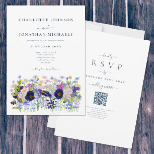 Convite Código QR de Casamento Azul Aquarela Flor Silvestr
