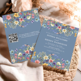Convite Código QR de Casamento Azul-Chic Rustic Rustic