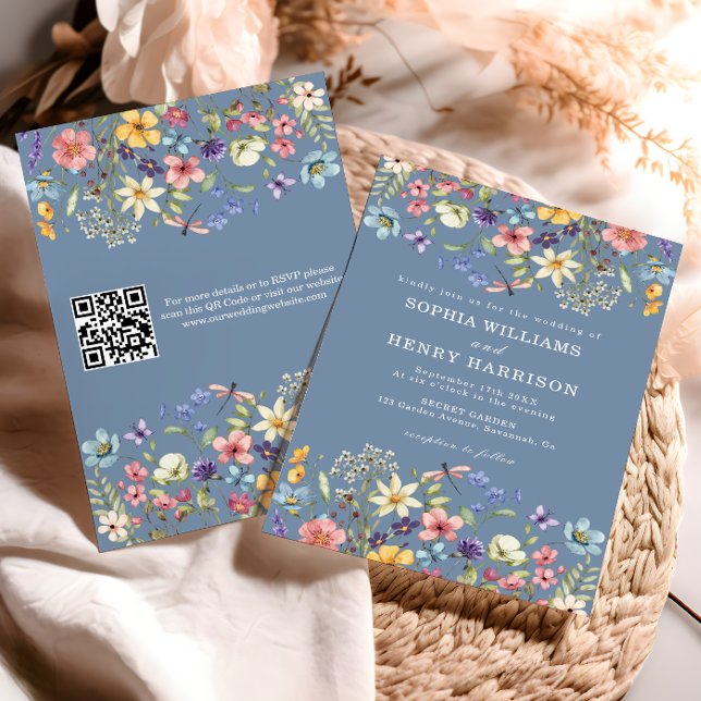 Convite Código QR de Casamento Azul-Chic Rustic Rustic (Criador carregado)