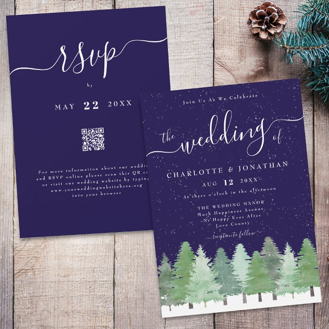 Convite Código Qr de Casamento Azul de Marinho da Floresta (Winter Woodland forest watercolor navy blue and white wedding qr code invitation elegant script )