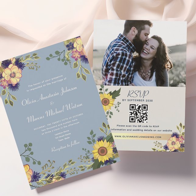 Convite Código QR de Casamento Azul de Sunflower Dusty (Criador carregado)