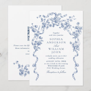 Convite Código QR de casamento azul empoeirado floral orna