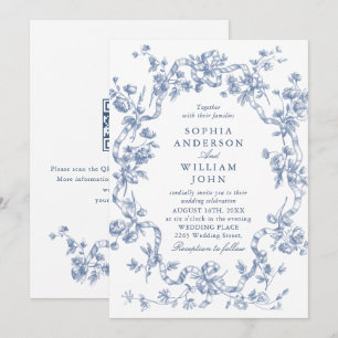 Convite Código QR de casamento azul empoeirado floral orna