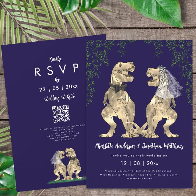 Convite Código QR de casamento azul marinho com tema de di (T-Rex bride and groom dinosaur wedding rsvp qr code navy blue Invitation)