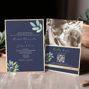 Convite Código QR de Casamento Azul Naval Botânico