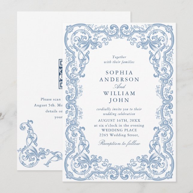 Convite Código QR de casamento azul poeira ornamentado ren (Frente/Verso)