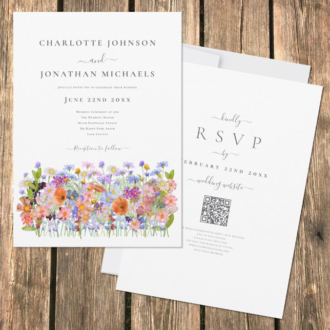 Convite Código QR de Casamento Boho de Flor Silvestre Colo (Boho wildflower meadow colorful watercolor wedding invitation with elegant typography script )