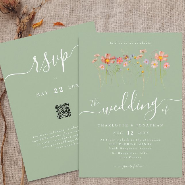 Convite Código QR de casamento Boho Flor Silvestre Outono  (Boho fall Wildflower floral sage green Wedding qr code invitation Whimsical elegant modern script)