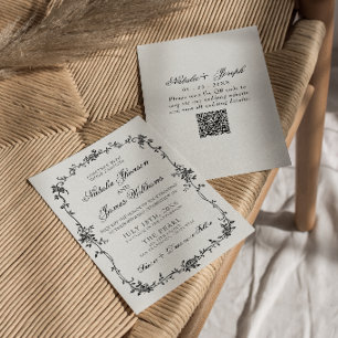 Convite Código QR de casamento botânico preto e branco flo