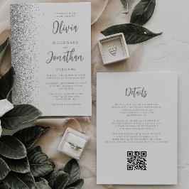 Convite Código QR de Casamento Branco com Brilho Prateado