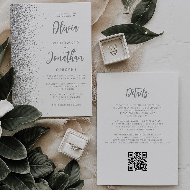 Convite Código QR de Casamento Branco com Brilho Prateado  (Criador carregado)